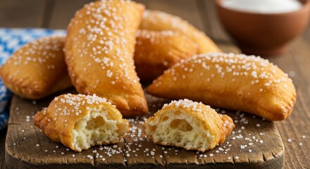Bavarian Sugar-Dusted Fried Pastries - Golden-brown, crispy fried pastries, dusted with sugar, symbolize indulgence, tradition, sweetness, comfort food, and Bavarian heritage