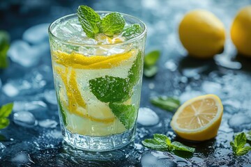 Icy glass with lemonade and mint leaves refreshing splash of freshness