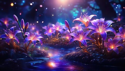 Enchanted Glimmering Garden of Purple Lilies, Mystical Twilight Serenity Bathed in a Dreamy Palette of Lavender and Violet Hues, Showcasing an Otherworldly Oasis.
