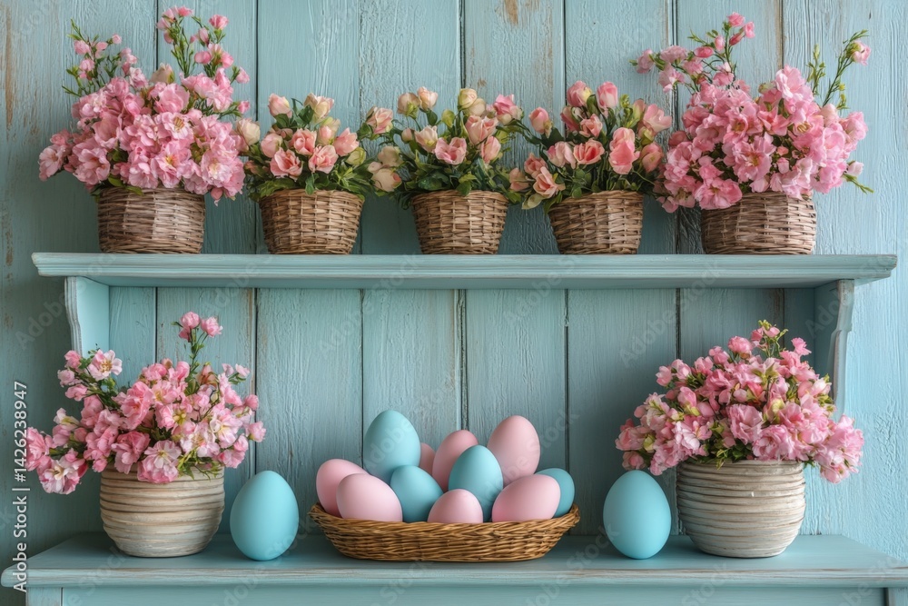 Aufkleber spring decorations featuring pastel flowers and easter eggs in a charming display on a blue shelf