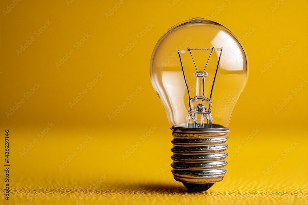Poster unique light bulb glowing on a yellow background, showcasing its intricate design and structure in b