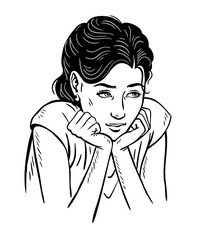 Young beautiful brunette woman sitting in a waiting pose. Girl thinking and dreaming. Vector black and white art illustration. Hand drawn sketch outline