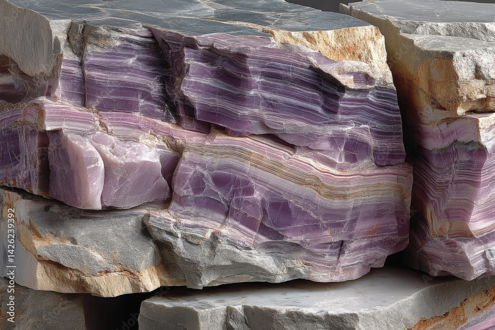 Poster beautiful layered purple and gray stone formation displaying natural patterns and colors in a close-
