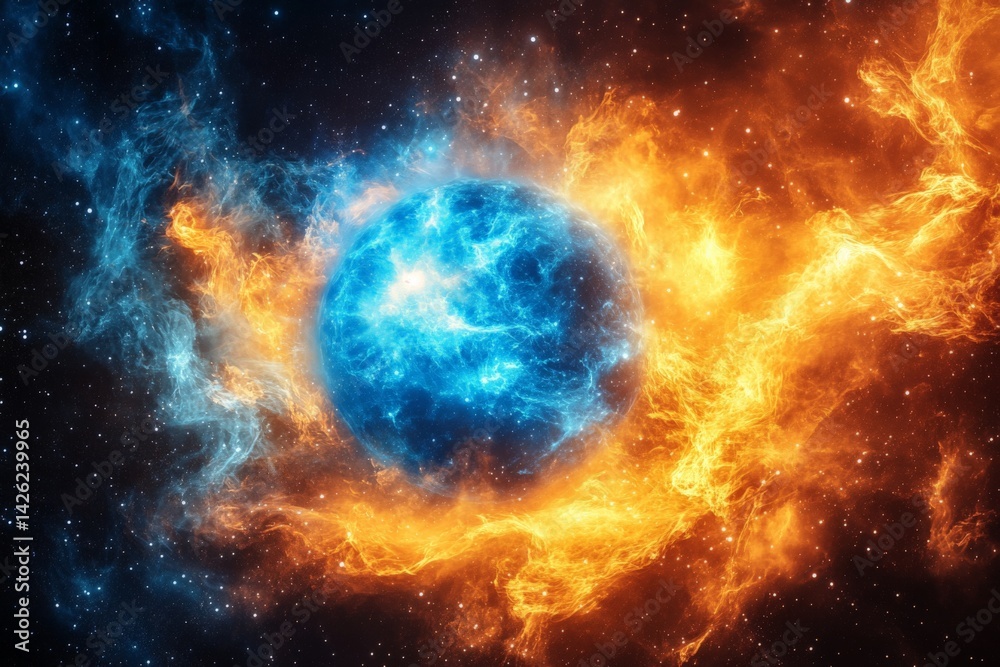 Poster vivid depiction of a celestial event showcasing a blue planet surrounded by fiery cosmic clouds