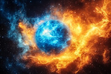 Obraz premium Vivid depiction of a celestial event showcasing a blue planet surrounded by fiery cosmic clouds