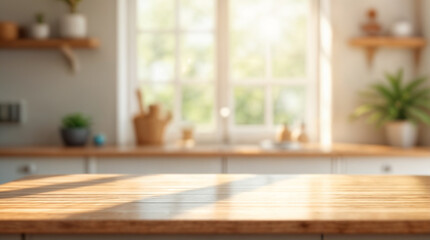 Fototapeta premium Bright kitchen interior with wooden countertop and natural sunlight, perfect for home, food, or lifestyle-themed design mockups.