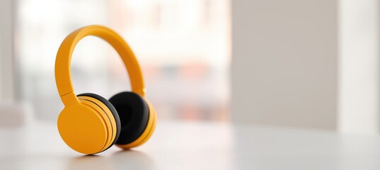 Bright yellow headphones with black accents resting on a table, showcasing modern design and vibrant color, perfect for music lovers and audio enthusiasts, sound experience concept