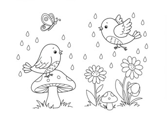 Obraz premium Two cute birds with mushroom, butterfly, and raindrops in a peaceful spring nature coloring book line art illustration