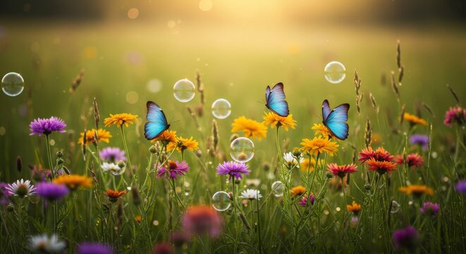Butterflies and Blossoms in a Summer Meadow - Three blue butterflies flutter amidst a vibrant field of wildflowers, bathed in the warm glow of sunset. Soap bubbles add a touch of whimsy