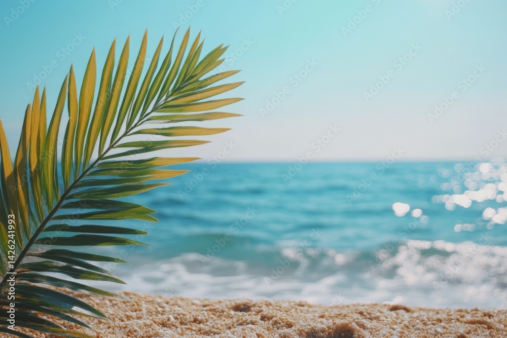 Poster palm leaf in the foreground with a serene ocean view on a sunny day at the beach