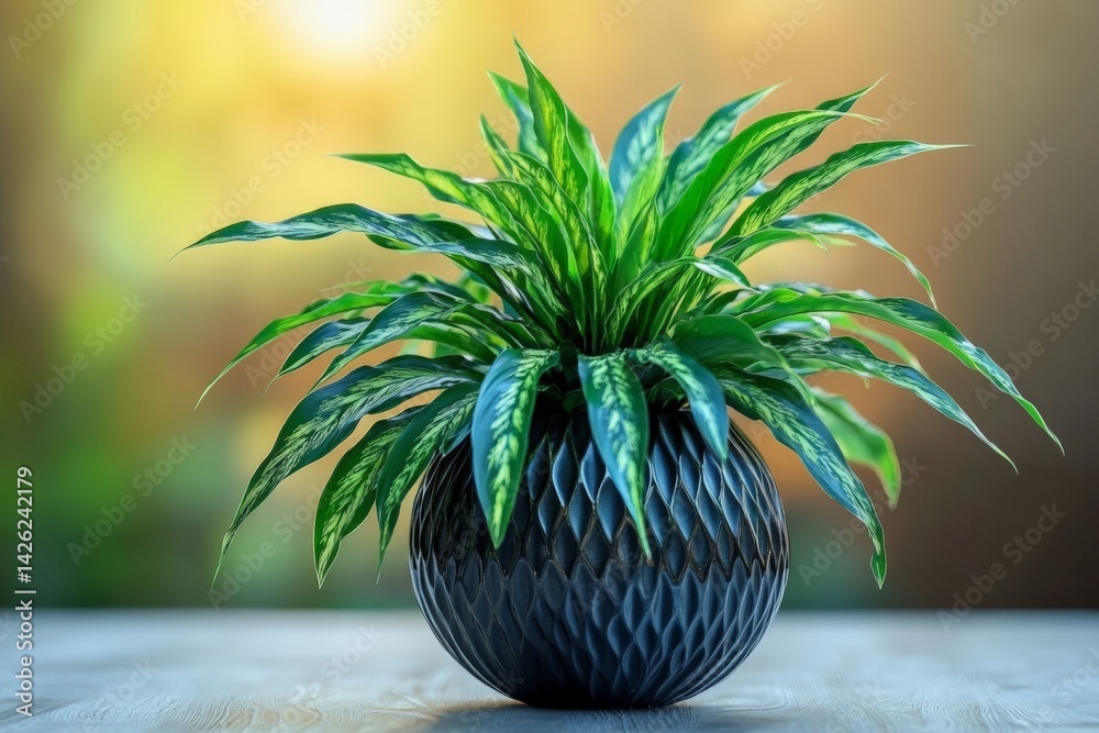 Poster green plant in a textured black pot on a wooden surface with a soft bokeh background