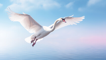 Obraz premium White swan in flight – graceful bird soaring in the sky with wings spread wide