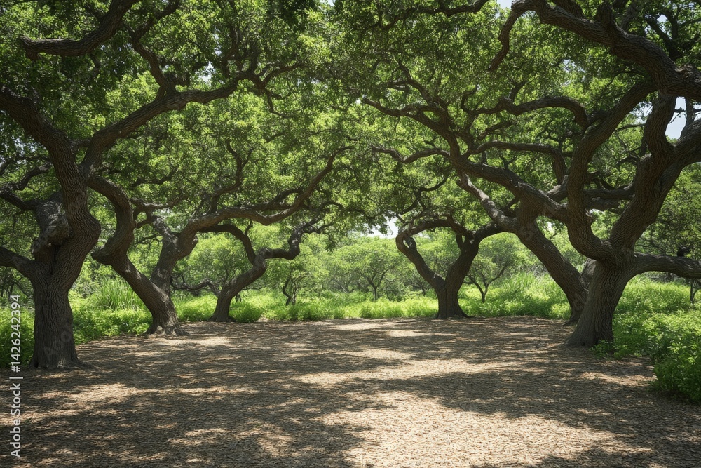 Poster lush green grove with sprawling trees creating a shaded area in a sunny landscape during midday