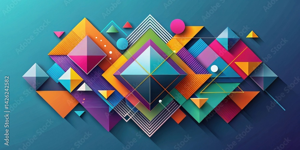 Poster Abstract Colorful Geometric Shapes Composition with Vivid Hues and Dynamic Layering