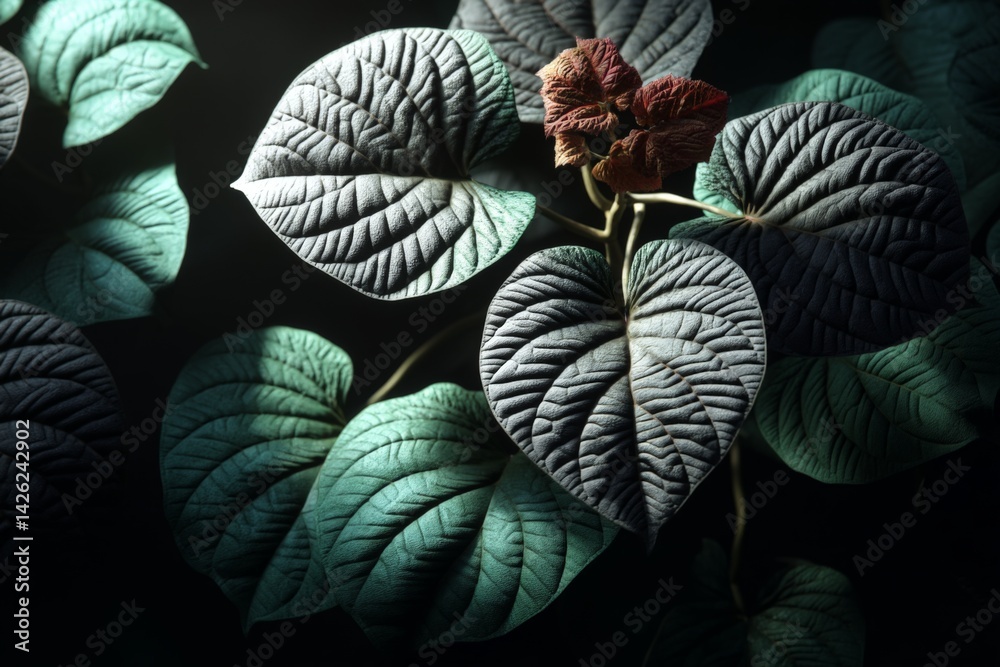 Poster Moody close-up of textured green leaves with a hint of red against a dark background during late evening