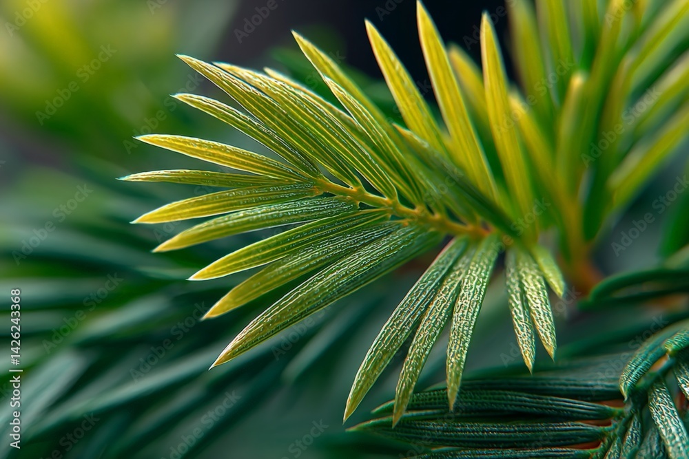 Poster close-up view of vibrant green coniferous leaves showcasing intricate details and textures