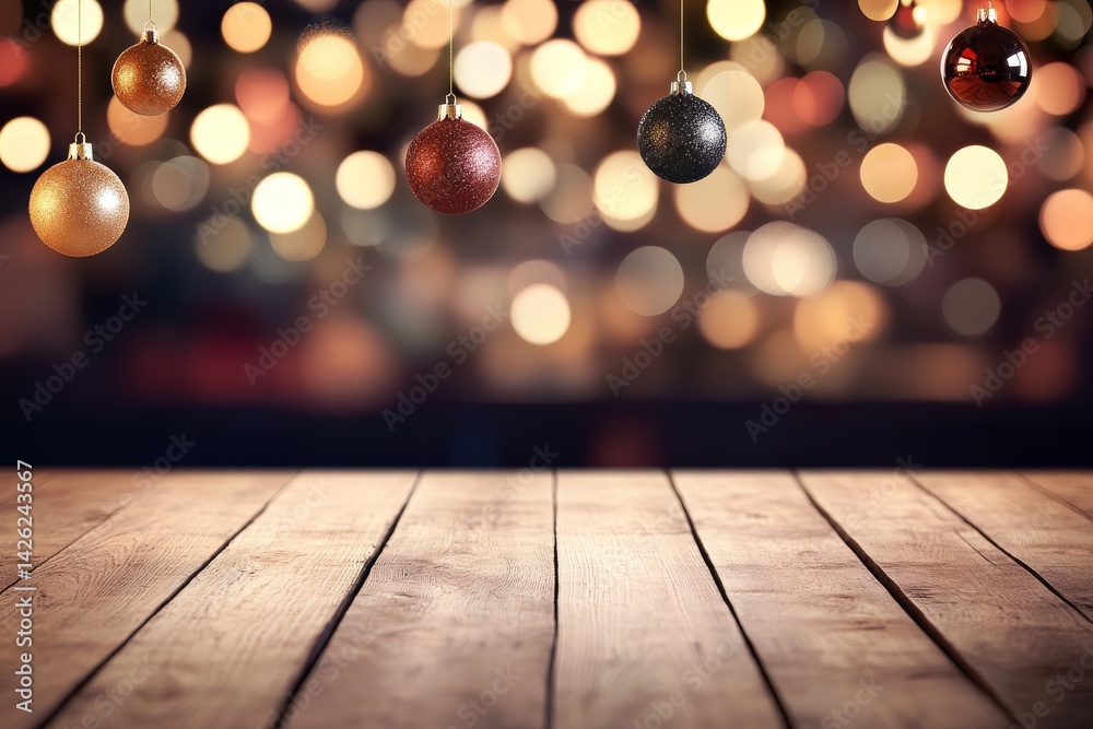 Poster golden light particles float in a dark red and gold background, evoking a festive atmosphere, with a