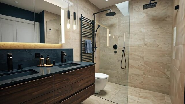 A sleek, modern bathroom with elegant fixtures and calming colors.