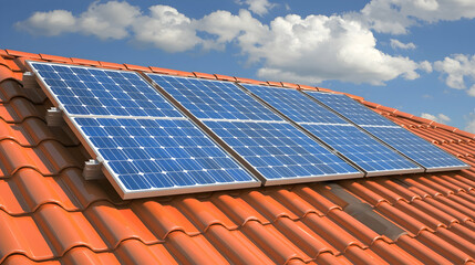 Solar panels on a red tiled roof, under a blue sky with clouds; sustainable energy concept