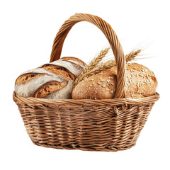 Freshly baked bread in a rustic basket with wheat on a wooden surface during daylight