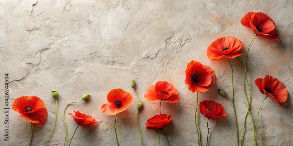 Poster vibrant red poppies arranged on a textured surface