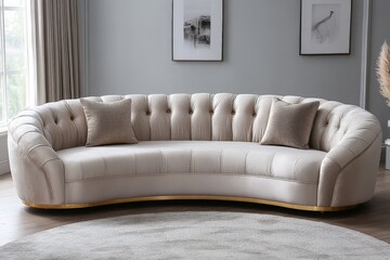 Elegant curved sofa in modern living room with neutral tones and decorative pillows