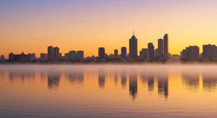 Fototapeta premium Cityscape at Sunrise Reflection - Stunning cityscape reflected in calm water at sunrise, with a soft mist adding to the tranquil atmosphere