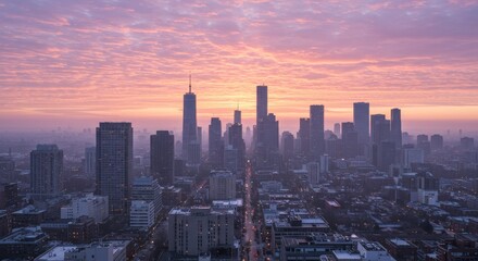 Fototapeta premium Cityscape Sunrise Panorama - Stunning panoramic view of a city skyline at sunrise, showcasing a vibrant pink and purple sky