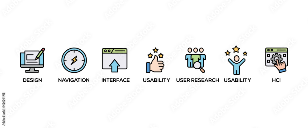 Fototapete UX design web banner icon set vector illustration concept consists of accessibility, usability, design, user research, hci, structuring, navigation, interface icon live stroke and easy to edit