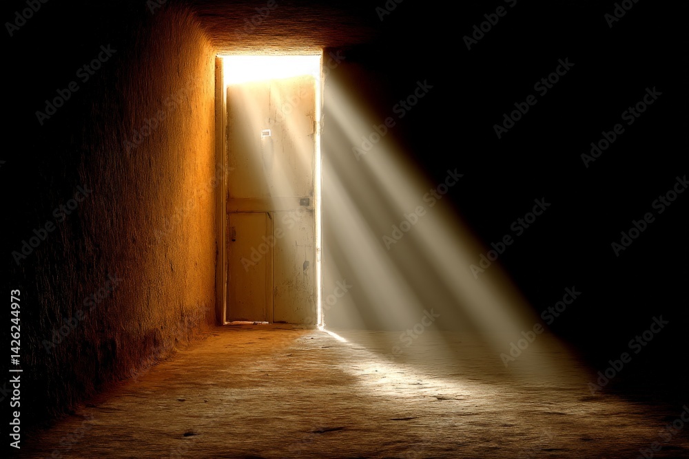 Poster light streaming through an open door in a dark room revealing shadows and warmth