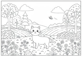 Cute cat standing in a flower-filled meadow with hills, trees, and a butterfly in a peaceful nature coloring book illustration