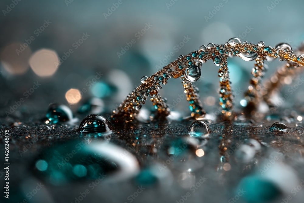 Leinwandbilder close-up of a decorative dna strand with water droplets on a reflective surface during a soft light 