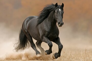 Fototapeta premium Black horse galloping through autumn field with dust rising in warm sunlight during late afternoon