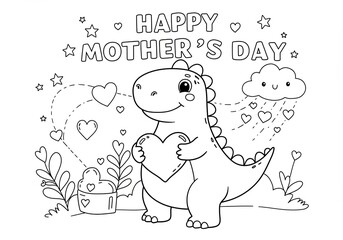Obraz premium Friendly dinosaur holding big heart with Happy Mother’s Day text and stars in a heartwarming kids coloring book line art illustration
