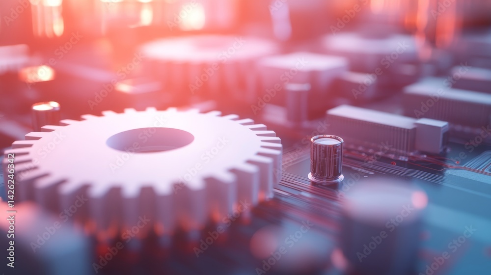 Poster A close-up of a white gear engaging with components on a glowing circuit board, designed for a futuristic tech presentation with ample copy space