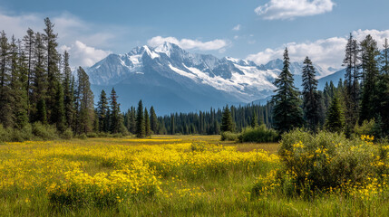 Fototapeta premium Yellow wildflowers bloom in a lush meadow, framed by evergreen trees and a majestic snow-capped mountain range in the background, showcasing the beauty of nature's landscape