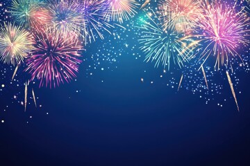 Vibrant fireworks display against a dark blue sky