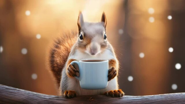 Squirrel Holding Cup in Autumn Forest Scene (Illustration)