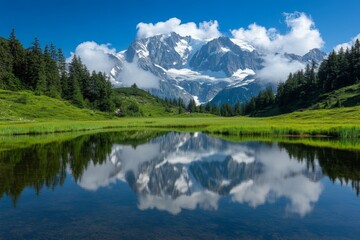Majestic mountains reflect in tranquil lake surrounded by lush greenery on a bright sunny day