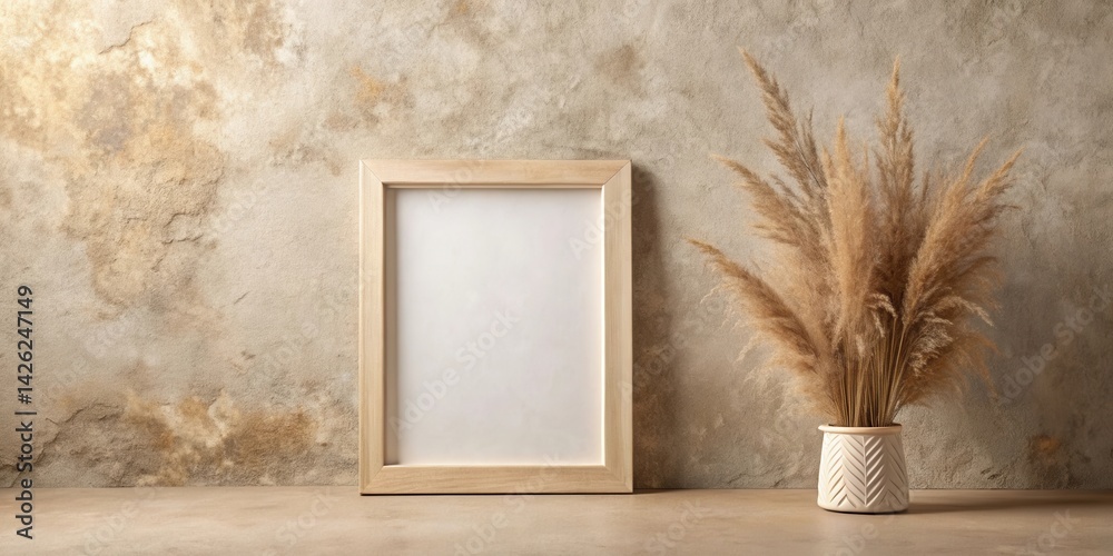 Aufkleber blank wooden frame mockup with pampas grass in a minimalist setting against a textured wall