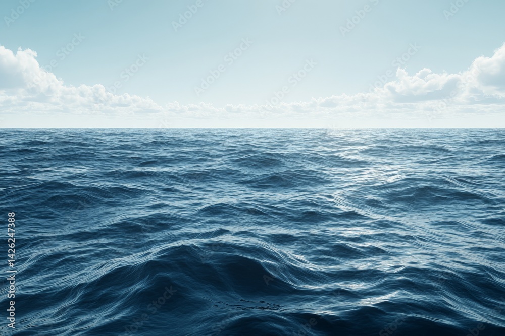 Poster waves rolling gently across a vast, calm ocean under a clear sky with scattered clouds in mid-aftern