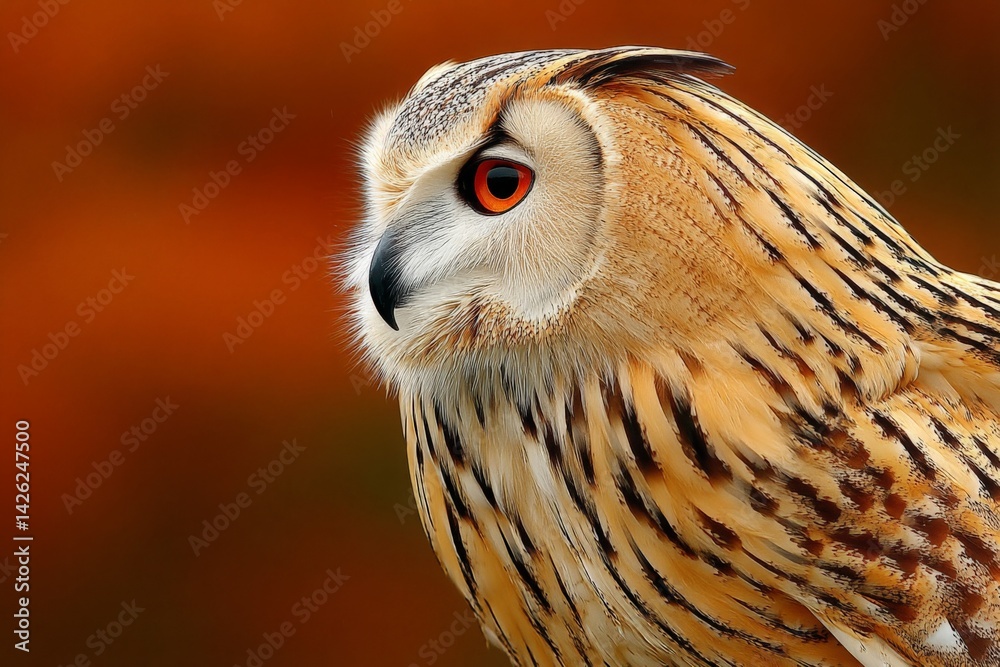 Poster striking owl perched against a warm autumn background, showcasing intricate feather patterns and cap
