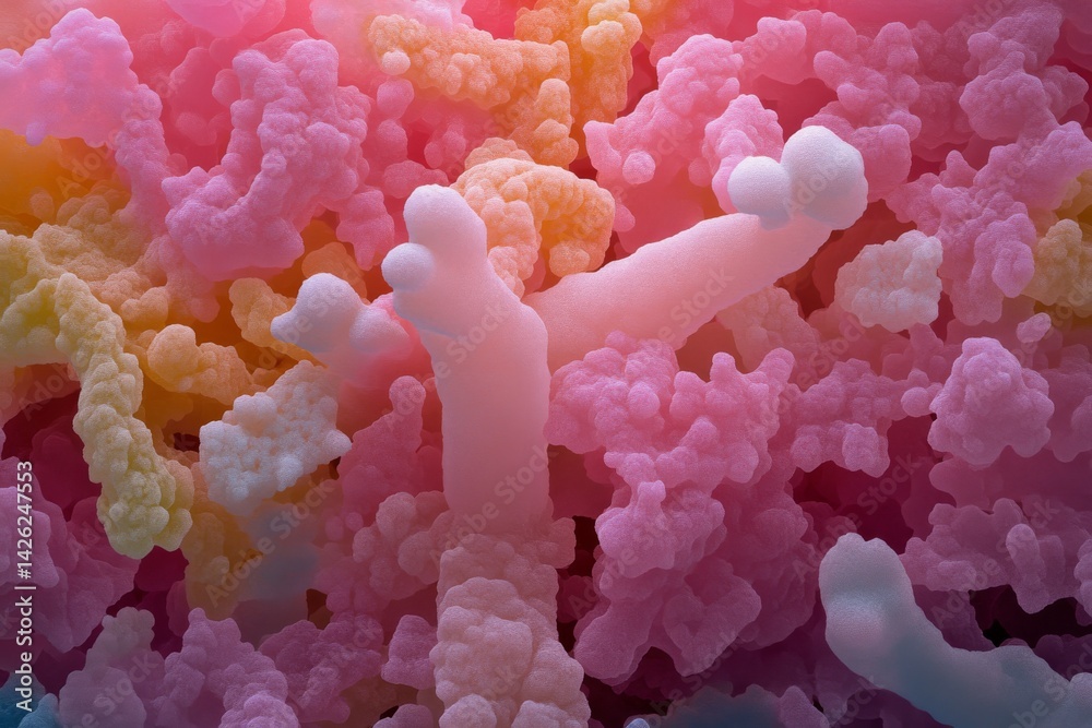 Poster This close-up visualization showcases 3D microscopic bacteria, highlighting intricate structures of probiotics and oral bacteria in vivid detail, with space for text