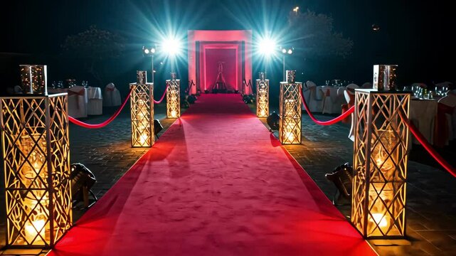 A glamorous red carpet event setup with elegant lighting.