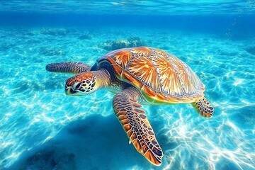 Fototapeta premium Majestic sea turtle swimming gracefully in clear blue waters of a tropical reef during midday sunlight