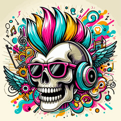 skull vector illustration with colorful punk hair 