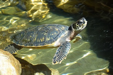 Sea turtle gracefully swimming in clear waters near rocky shore during sunny day