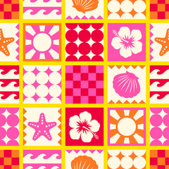 Hibiscus, starfish, seashell, sun and geometric elements with square pattern design for summer holidays background.
