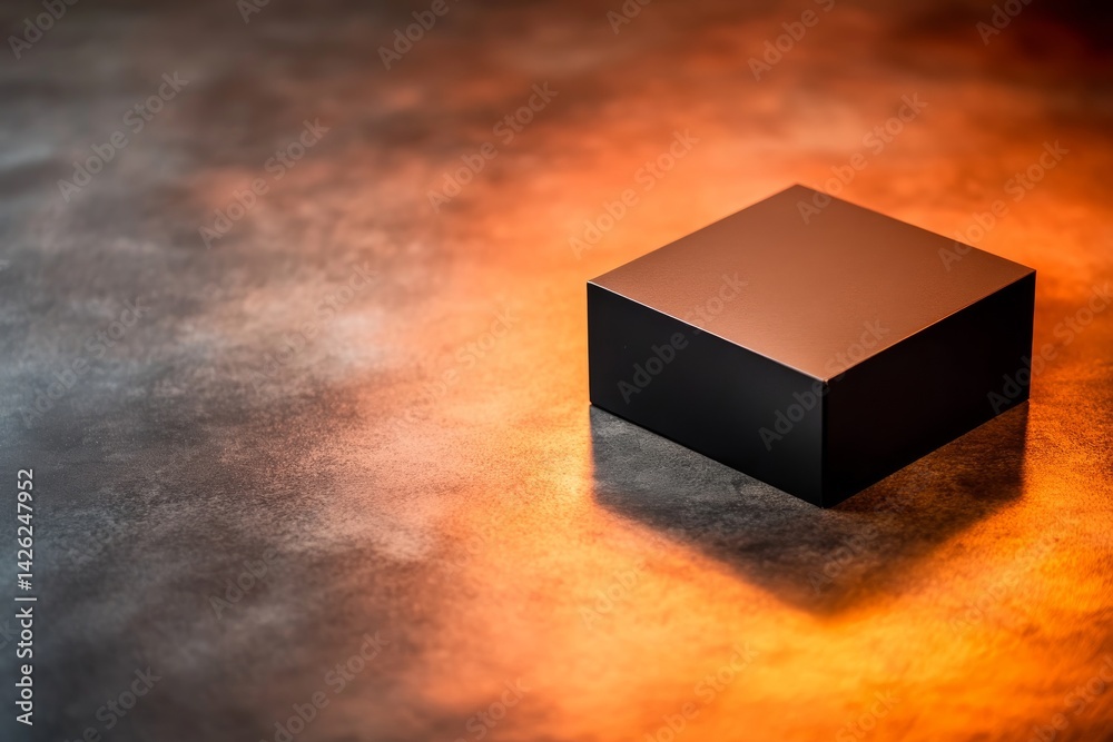 Poster black box positioned in an empty room, illuminated by an overhead spotlight, casting a dramatic shad