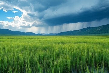 Fototapeta premium Storm clouds gather over a lush green field in a rural landscape during late afternoon hours